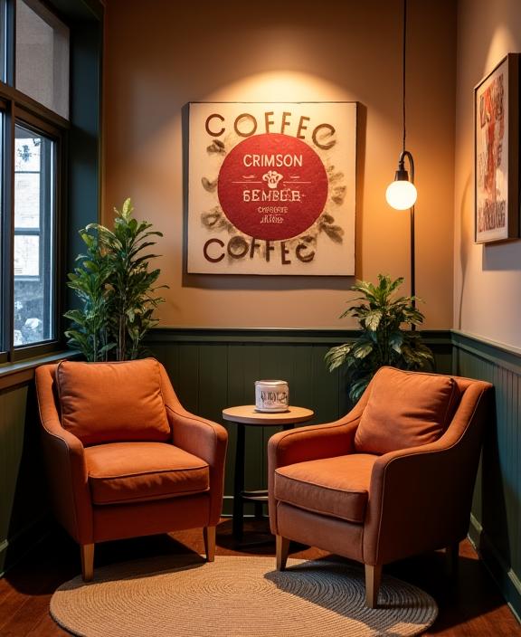 A cozy corner of the Crimson Ember Coffee shop with comfortable armchairs and warm lighting.