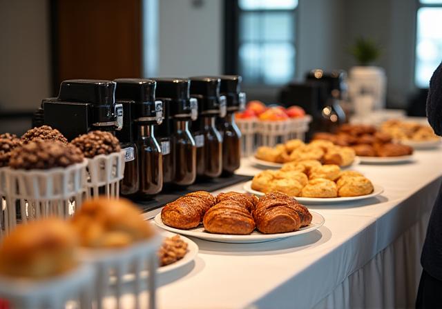 A professional catering setup with coffee dispensers and a platter of assorted pastries.